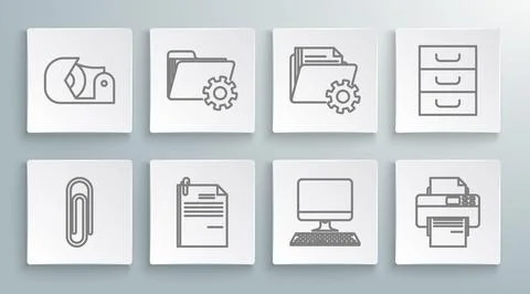 Set line Paper clip, Folder settings with gears, File document and paper, C.. 스톡 일러스트
