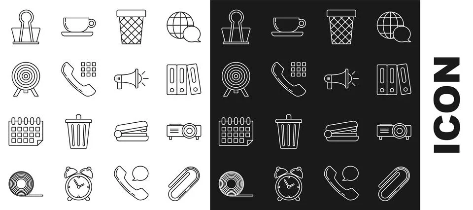 Set line Paper clip, Presentation, movie, film, media projector, Office fol.. Stock Illustration