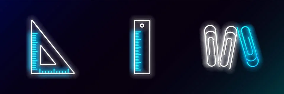 Set line Paper clip, Triangular ruler and Ruler icon. Glowing neon. Vector Illustrazione stock