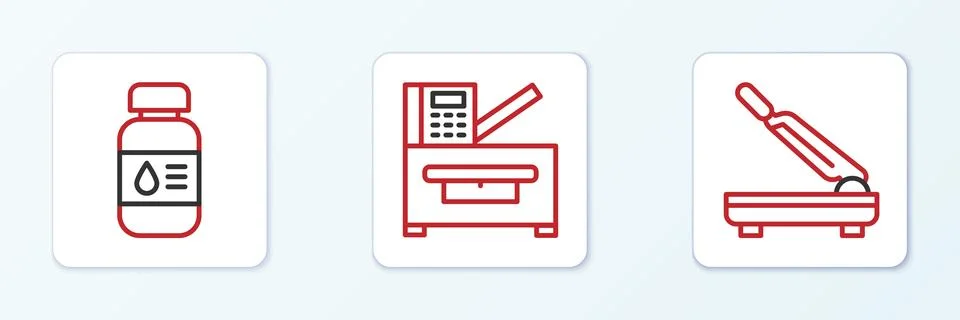 Set line Paper cutter, Printer ink bottle and Copy machine icon. Vector Stock Illustration