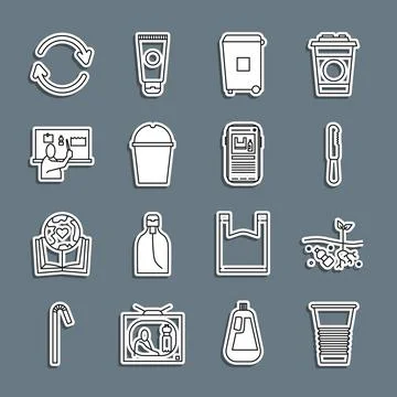 Set line Paper glass, Problem of pollution planet, Disposable plastic knife.. Illustrazione stock