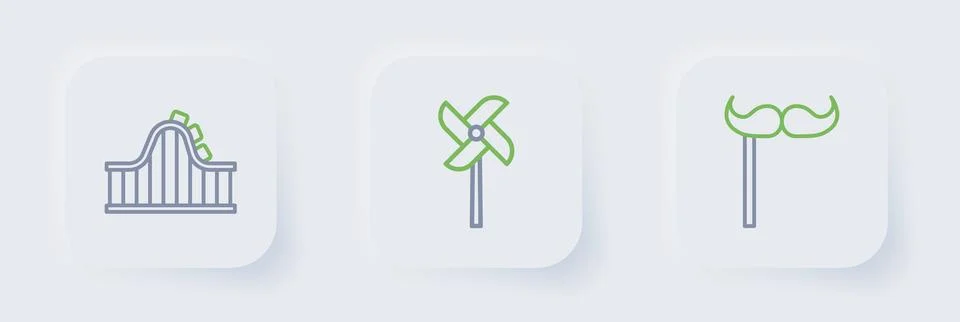 Set line Paper mustache on stick, Pinwheel toy and Roller coaster icon. Vecto Stock Illustration
