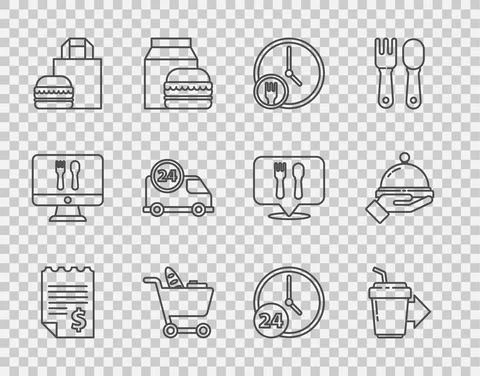Set line Paper or financial check, Coffee cup to go, Round the clock delivery Stock Illustration