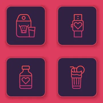 Set line Paper package for milk, Vitamin pill, Smart watch and Fresh smoothie Illustrazione stock