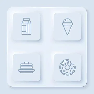 Set line Paper package for milk, Ice cream in waffle cone, Stack of pancakes and 스톡 일러스트
