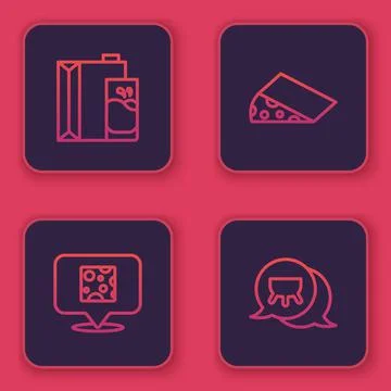 Set line Paper package for milk, Cheese, and Udder. Blue square button. Vector Stock Illustration