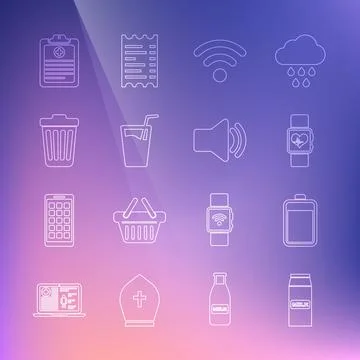 Set line Paper package for milk, Battery, Smart watch heart beat rate, Wi-Fi Illustrazione stock