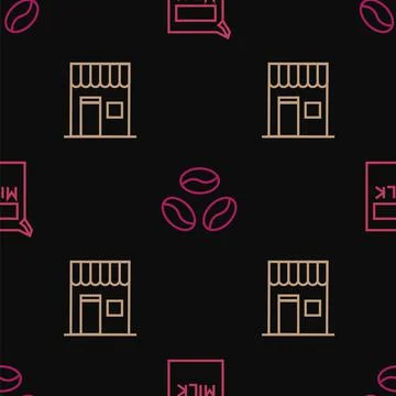 Set line Paper package for milk, Coffee shop and beans on seamless pattern Illustrazione stock
