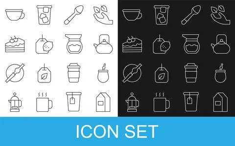 Set line Paper package for milk, Mate tea, Kettle with handle, Teaspoon, bag Illustration