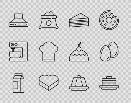 Set line Paper package for milk, Stack of pancakes, Cake, Candy in heart shaped Illustrazione stock