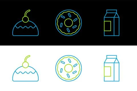 Set line Paper package for milk, Cake and Donut icon. Vector Stock Illustration