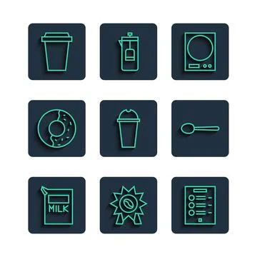 Set line Paper package for milk, Medal coffee, Coffee menu, Electronic scal.. Stock Illustration