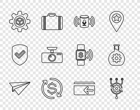 Set line Paper plane, Algorithm, Voice assistant, Return of investment, Pro.. Illustrazione stock