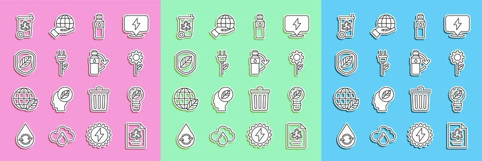 Set line Paper with recycle, Light bulb leaf, Leaf plant in gear machine, B.. Stock Illustration