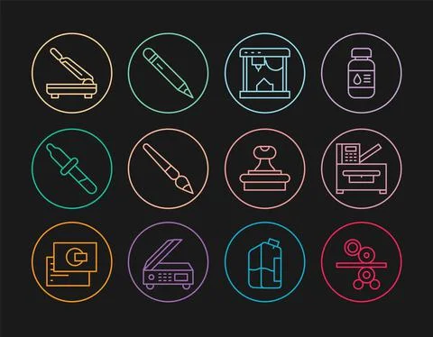 Set line Paper roll of printing press, Copy machine, 3D printer, Paint brush Stock Illustration