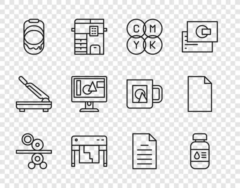 Set line Paper roll of printing press, Printer ink bottle, CMYK color mixing Stock Illustration