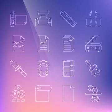 Set line Paper roll of printing press, Paint brush, Scanner, Ruler, Document Stock Illustration