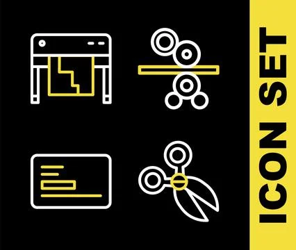 Set line Paper roll of printing press, Scissors, Business card and Plotter .. Ilustración de archivo