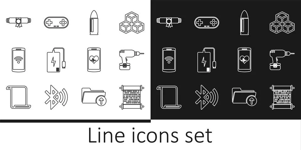 Set line Paper scroll, Drill machine, Bullet, Power bank, Smartphone with Stock Illustration