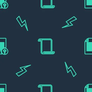 Set line Paper scroll, Lightning bolt and Upload file on seamless pattern Stock Illustration