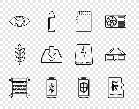 Set line Paper scroll, Micro SD memory card, Smartphone with, Eye, Download.. Stock Illustration