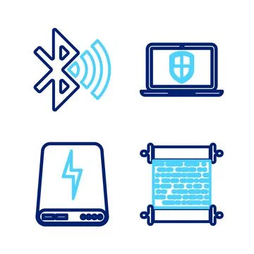 Set line Paper scroll, Power bank, Server with shield and Bullet icon. Vector Stock Illustration