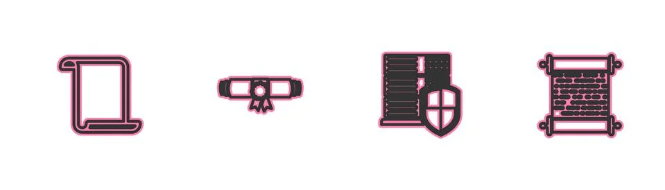 Set line Paper scroll, Server with shield, Diploma rolled and icon. Vector Illustrazione stock