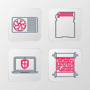 Set line Paper scroll, Server with shield, SD card and Eye icon. Vector Stock Illustration