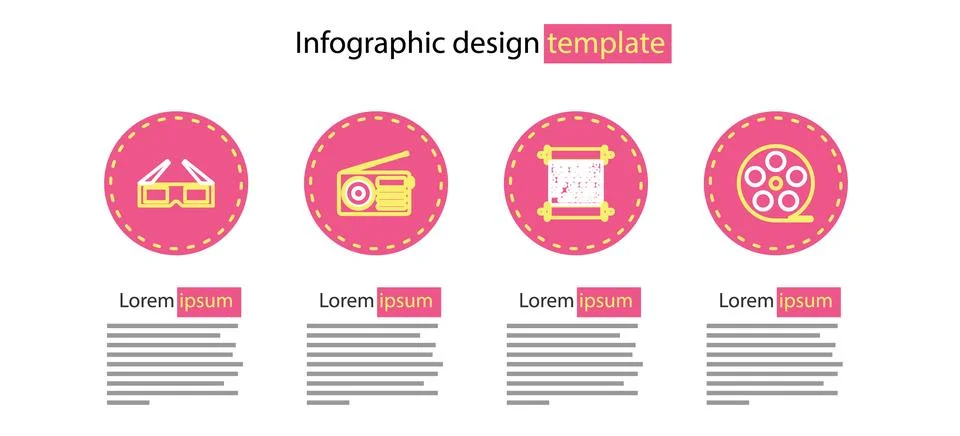 Set line Paper scroll, Smartphone with, Radio and 3D cinema glasses icon. Vector Stock Illustration
