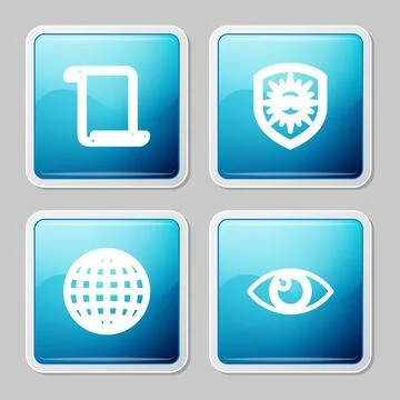 Set line Paper scroll, UV protection, Earth globe and Eye icon. Vector Illustrazione stock