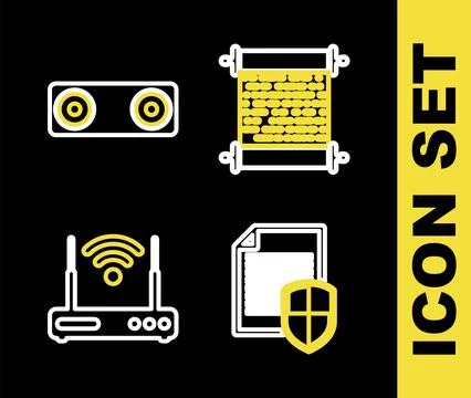 Set line Paper scroll, Wheat, Router and wi-fi and Bluetooth connected icon.  Stock Illustration