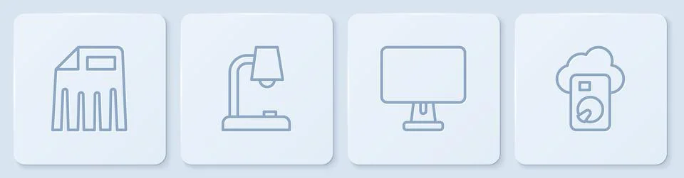 Set line Paper shredder, Computer monitor, Table lamp and Cloud database. White Stockillustratie