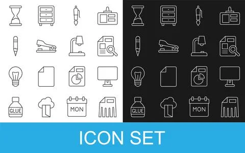 Set line Paper shredder, Computer monitor, Document with graph chart, Fountain Illustrazione stock