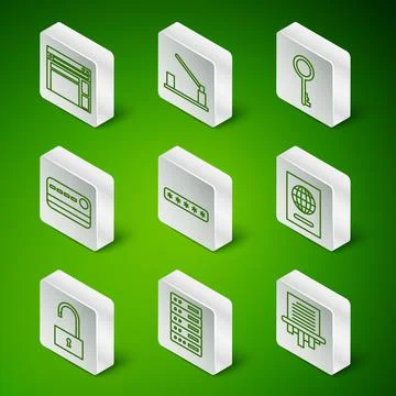 Set line Paper shredder, Server, Data, Web Hosting, Website template, Password Stock Illustration