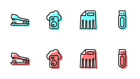 Set line Paper shredder, Stapler, Cloud database and USB flash drive icon 库存插图
