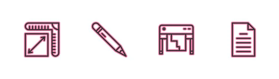 Set line Paper size, Plotter, Pencil with eraser and File document icon. Vector Illustrazione stock