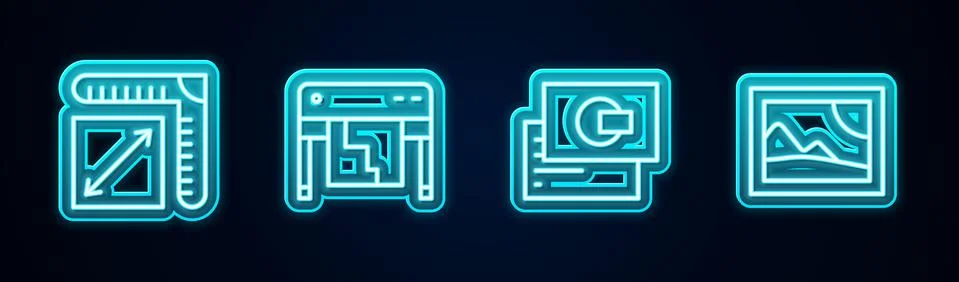 Set line Paper size, Plotter, Business card and Picture landscape. Glowing neon Stock Illustration