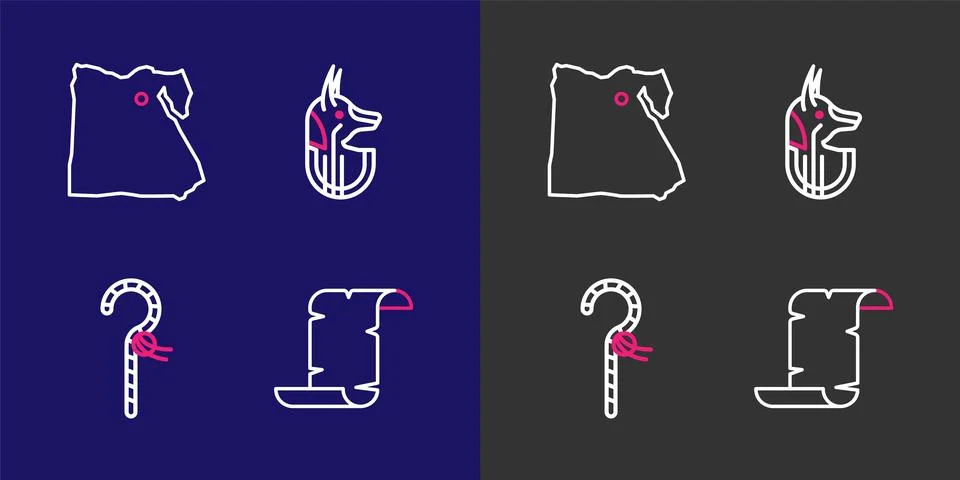 Set line Papyrus scroll, Crook, Egyptian anubis and Map of icon. Vector Stock Illustration