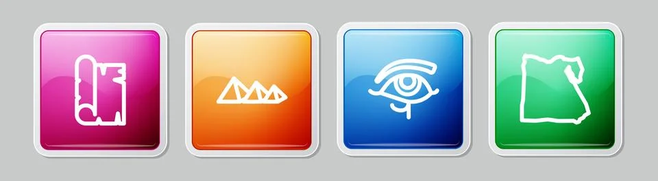 Set line Papyrus scroll, Egypt pyramids, Eye of Horus and Map. Colorful squ.. Stock Illustration