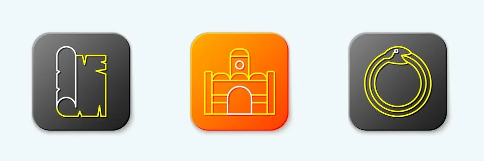 Set line Papyrus scroll, Egyptian house and Magic symbol of Ouroboros icon... Stock Illustration