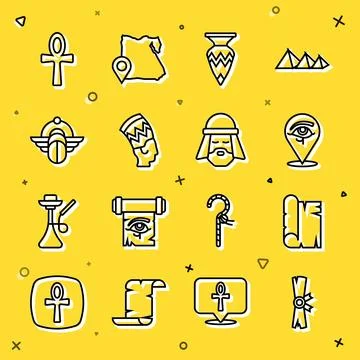 Set line Papyrus scroll, Eye of Horus, Egyptian vase, Nefertiti, Scarab, Cr.. Stock Illustration