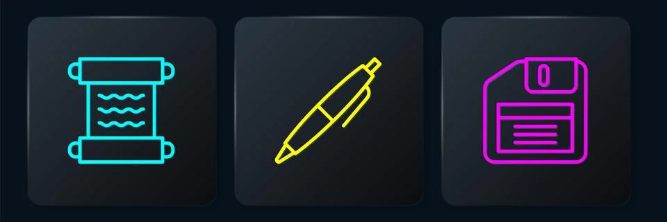Set line Papyrus scroll, Floppy disk and Pen. Black square button. Vector Stock Illustration