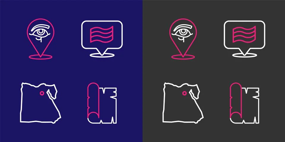 Set line Papyrus scroll, Map of Egypt, Flag Of and Eye Horus icon. Vector Illustrazione stock