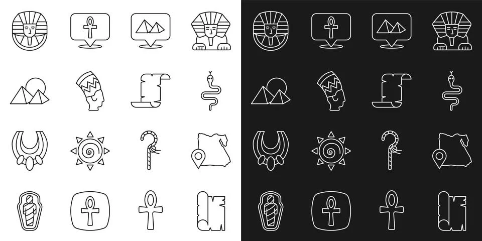 Set line Papyrus scroll, Map of Egypt, Snake, pyramids, Nefertiti, Egyptian.. Stock Illustration