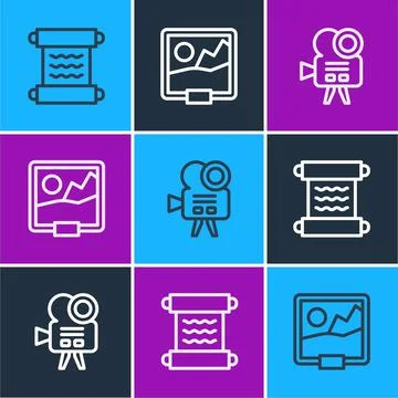 Set line Papyrus scroll, Retro cinema camera and Picture icon. Vector Illustrazione stock