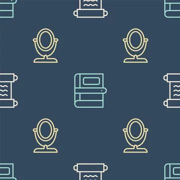 Set line Papyrus scroll, Round makeup mirror and Book on seamless pattern. .. Stock Illustration