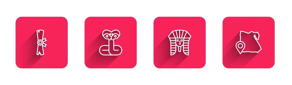Set line Papyrus scroll, Snake, Egyptian pharaoh and Map of with long shado.. Stock Illustration