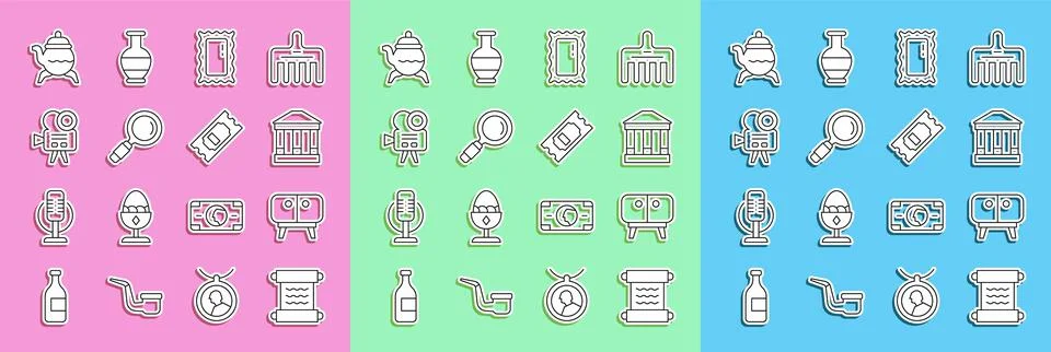 Set line Papyrus scroll, TV table stand, Museum building, Big full length mirror Stock Illustration