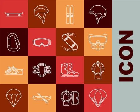 Set line Parachute, Aqualung, Diving mask, Ski and sticks, goggles, Carabin.. Illustrazione stock