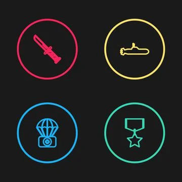 Set line Parachute with first aid kit, Military reward medal, Submarine and Stock Illustration
